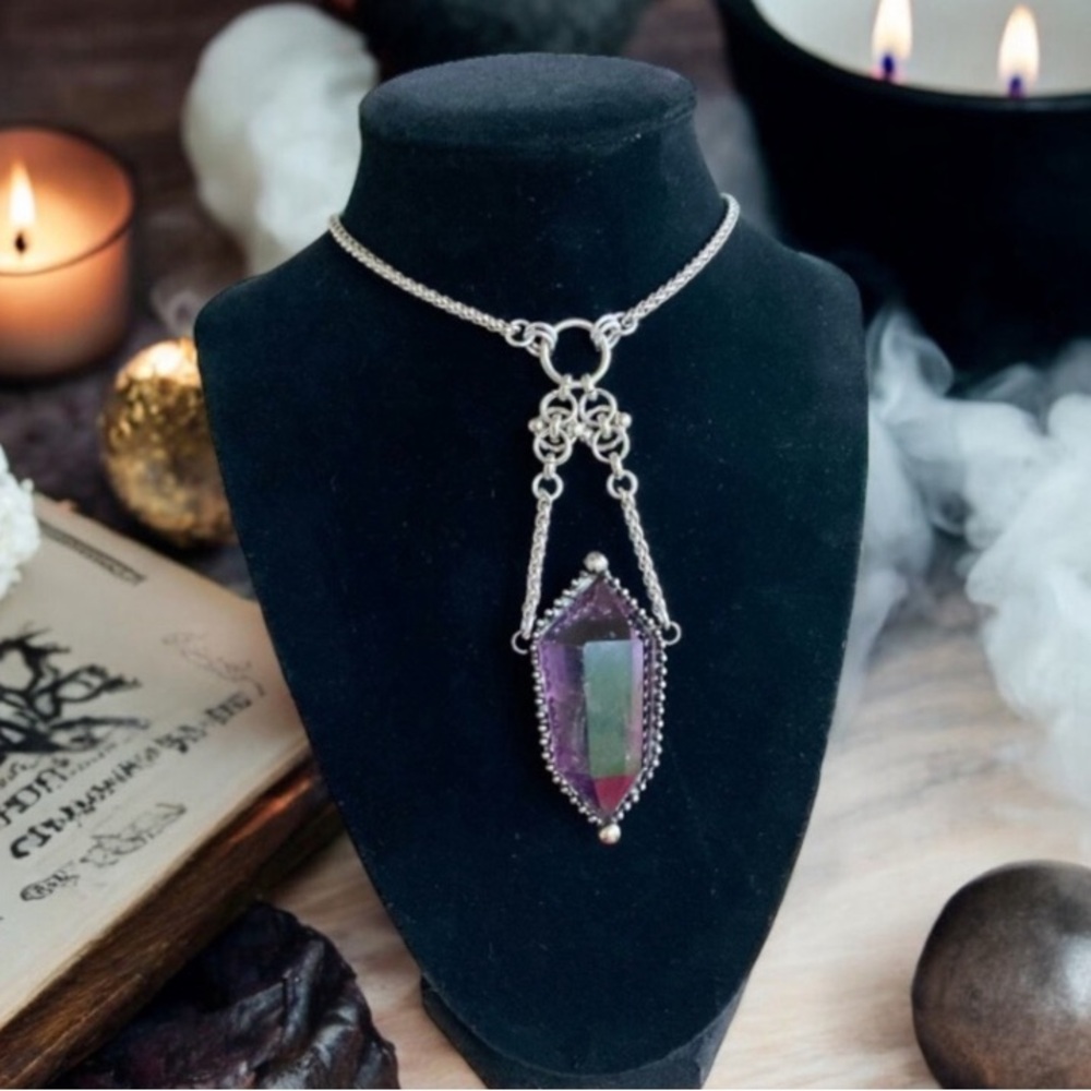 Iridescent Purple Crystal Pendant Necklace - Designer Style